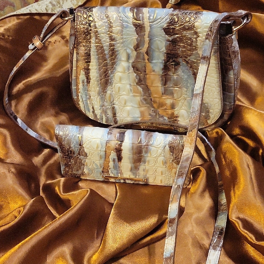 Brahmin Elegant Brown and Cream Croc-Embossed Women's Bag Set